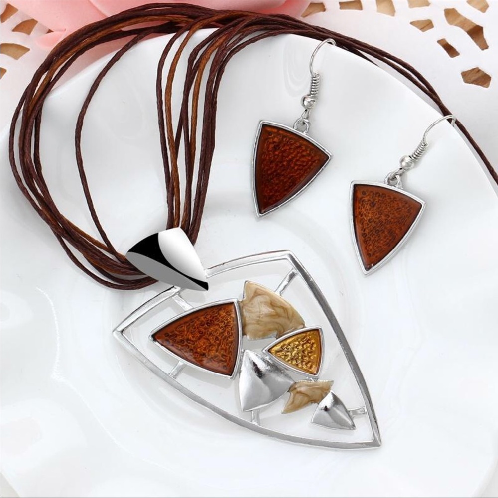 Leather Triangle Necklace And Matching Earrings